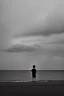 Placeholder: young boy looking out to sea. second man laying down behind him, dark storm clouds overhead, lightning, shopping trolley on side, dusk. the road cormac mccarthy