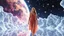 Placeholder: A full-body shot of a beautiful lady walking and looking at the camera 3D fractal interstellar world.