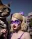 Placeholder: Ultra realistic afternoon photo, happy smoker couple, blonde Alice woman and purple + cat smoking a pipe, circus blue dress style, black headband with bow, old school body tattoo, smoke, marihuana garden, glow eyes, perfect iris, soft color, highly detailed, unreal engine 5, ray tracing, RTX, lumen lighting, ultra detail, volumetric lighting, high definition.