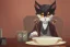 Placeholder: A cat wearing clothes is sitting at a table eating sushi. Manga style. Perfect iris. Paws. Mug with cat face