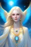 Placeholder: Enlighten, highly detailed beautiful elegant, happy smiling blond long hair blue eyes Faery silk wings, white gold costume bright morning, space ship, planets, white pink gold blue shining graduated colours, nice magic atmosphere, jewels, shining stars, glitters, hyper ultra realistic, 32 K, tom bagshaw, greg rutkowski, global illumination, radiant light, bright sky environment, intricate details, surreal, wonderfull