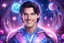 Placeholder: cosmic bionic beautiful men, smiling, with light blue eyes and straight blu dark hair in a magic extraterrestrial landscape with pink fairy forest stars and bright beam