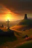 Placeholder: Imagine a surreal landscape where golgotha, bathed in an eerie, dreamlike glow, dominates the horizon. The sunrise unnaturally large and luminescent, rises slowly over a tomb with the stone rolled away revealing an empty cave in the side of the hill with a stone cover rolled to the side, sunrise casting an ethereal light that reflects off the solitary cross at the top of the hill. The shimmering sunlight dances across the surface of the cross, accentuating its weathe
