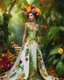 Placeholder: sweet pose pretty woman beauty make up cosmetic super model wearing a beautiful high details natural beuty color unique pattern autumn leaves gown queen costume,flowers crown all made of full elements varieties tropical fruits,full of green leaves and variaties roses,orchids flowers gardens tropical jungles background