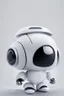 Placeholder: cute minimalistic robot with a big head, digital face, oval body, head and body together, white skin, no legs, no feet, integrated painter arm, 3/4 angle, awesome pose, white background