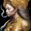 Placeholder: Sango fantasy, fantasy magic, intricate, sharp focus, illustration, highly detailed, digital painting, concept art, matte, art germ and Paul Lewin and Kehinde Wiley, masterpiece silver elephant head bronze Buddha Asian African girl nice breast Hawaiian hair turquoise golden waves