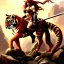 Placeholder: ultra detailed portrait of beautiful Red Sonja riding a Great tiger ,wearing plate armor, extremely detailed digital painting, in the style of Robert Howard and Earl Norem and fenghua zhong and ruan jia and jeremy lipking and peter mohrbacher, mystical colors, rim light, beautiful lighting, 8 k, stunning scene, raytracing, octane, trending on artstation