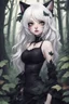 Placeholder: CAT GIRL, goth, forest, nature, cartoon, leaves, boobs, portrait, colour image, white hair