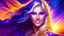 Placeholder: Full body portrait of a peaceful smiling gorgeous blonde Goddess of the galaxies with a blue indigo purple skin, high skul, luminous eyes in a galactic sunset