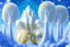 Placeholder: fairy big white castel white trees, , starred blue sky with silver and gold spaceships and planet