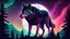 Placeholder: humanoid wolf, female, turning to face you, dark forest background, glowing eyes. staring, starry night sky, dark rainbow gradient sky, standing at the top of a mountain, howling to the moon, aurora borealis