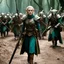 Placeholder: (Monthy python and Pan's Labyrinth (2006)) heavily armed female elf on the march, rusty and dusty with a sharp pole arm