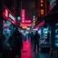 Placeholder: a dark market square, cyberpunk style, dodgy high tech salesmen, dark criminal mood, cyberpunk, neon