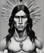 Placeholder: native american warrior, long black hair, big muscles, big half circular from shoulder to chest fabric piece