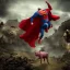 Placeholder: zombies approaching a mountain and a female pig with superman cape on top, realistic, movie style