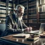 Placeholder: An old man in a classic suit is using a laptop in a modern library with a coffee cup, a cat and a vase next to him