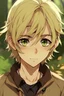 Placeholder: Teenage anime boy, He has feathery blonde hair that he keeps short and resting on his forehead. He has deep brown eyes that look black in any minimum light. He has tan skin, since he spends all his time outdoors. He is scrawny and lanky, but in a cute way.
