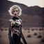 Placeholder: beautiful caucasian half cyborg woman, black metal body and limbs, chrome details, anorexic figure, short blond wavy bob haircut, dystopian, desert scene