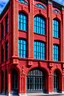 Placeholder: an old building with 3 floors and large colored glass façade and red curtain behind its windows. The façade walls are composed of decorating clay bricks with no attic on the roof. a perspective view is recommended.