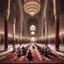 Placeholder: Hyper Realistic lots of Muslims praying-in-symmetrical-order inside a huge Mosque-hall-with-white-&-maroon-walls-&-fancy-pillars decorated with traditional-lamps & beautiful carpets at night showing dramatic-&-cinematic-ambiance