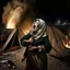 Placeholder: A Palestinian woman wearing the Palestinian dress carries her dead son as she screams and cries at night, with explosions in refugee tents behind her.