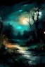 Placeholder: A melancholy and chaotic night landscape, brush strokes