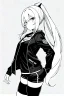 Placeholder: blonde girl with ponytails dressed in a jacket and shorts walks proudly, greyscale