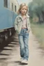 Placeholder: Illustration of kate moss as a toddler, in a train,jeans, in the yard , ,style of Marcel Marlier, pastel colors