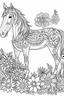 Placeholder: outline art for horse coloring pages with horse and flowers, white background, Sketch style, full body, only use outline, clean line art, white background, no shadows and clear and well outlined