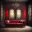 Placeholder: Hyper Realistic Dark Fancy Lounge with Fancy Couch & Grungy Red Damask Texture on Rustic off-white Wall with peeling & vignette effect at night from vintage windows