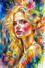 Placeholder: Gorgeous wet look watercolour, a beautiful sensual blond blonde woman, beautiful late summer flowers, colourful, enchanting, wet on wet, silver and gold drops, sparkling lights, winning, intricate, beautiful, gorgeous by Yossi Kotler,