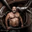 Placeholder: full figure shot photography, ugly turkish chubby plumber repairs boiler, burly, shirtless, hairy allover, manly chest, muscular big beefy 44 years old, dressed in boxer, big thighs, seen from below, frontal view, ambient occlusion, side light