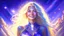 Placeholder: Full body portrait of a peaceful smiling gorgeous blonde Goddess of the galaxies with a blue indigo purple skin, high skul, luminous eyes in a galactic sunset