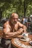 Placeholder: half figure photography of an ugly turkish barman servicing one coffee at the table, burly robust muscular chubby shirtless 48 years old man, in a public park of Istambul , sunny day, sweat, wet, big shoulders, angry eyes, photorealistic