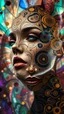 Placeholder: A digital artwork of women face adorned with intricate patterns and designs. The figure's face is covered in swirling lines, circles, and other abstract patterns in hues of mocha, navy and gold.The background is a colorful glass , with abstract patterns that complement the figure's design. The overall ambiance of the image is dreamy and surreal.