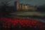 Placeholder: red flowers, distant old castle, night, autumn, one person, dark horror gothic movies influence, disturbing, bernard van beek and alfred munnings impressionism paintings