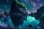 Placeholder: rocky cliff, vegetation, galaxy, infinite, cosmos, people, water reflection, sci-fi.