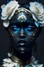 Placeholder: Beautiful faced young ancient Troyan vantablack lady adorned with Troyan Empire style decadent vantablack dark techno white and light blue colour star rose and white floral and vantablack colour gradient ancient Troyan gold flower, black floral, with half face metallic etherialism vantablack Troyan and white ancient Troyan ornated masque wearing ancient Troyan ornated beautiful beads, pearls costume organic bio spinal ribbedd detail of Troyan background extremely detailed hyperrealistic portrait