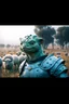 Placeholder: film image of Bulbasaur as a gladiator in armor in an Alentejo field in Portugal full of lambs, misty air, cinematic coulometry, hyper-realism, low saturation