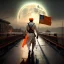 Placeholder: An hindu Soldier walking on the bridge with orange flag , day , full moon , realistic , high resolution , HD , 1920pX1080p , dark