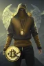 Placeholder: running berserker portrait , no face, black jogging suite , in the night Alps , holding bitcoin , angels background, volumetric gold light, high detail, dark leaf tree, dark mountains in background, perfect