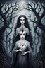 Placeholder: illustration from a surreal ghostly woman with ghostly white skin in Tim Burton style, high details, surrounded by various strange mystic trees. Her eyes are close open, and her is long messy dark hair. she holding a black heart, adding a unique surreal and sinister style to the artwork, etheral, weird plants, otherworldly, dark mood, cinematic