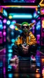 Placeholder: camera angle from feet, portrait of slick lord Gremlin myth buster pimp rapper cyber punk sitting on a hipster car parked in dark fashionably lit reflective wet arcade hall tunnel,bokeh like f/0.8, tilt-shift lens 8k, high detail, smooth render, down-light, unreal engine, prize winning