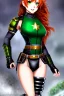 Placeholder: In the style of Shadman, hyper detailed, strikingly beautiful teen female, 16 years old, long ponytail, ginger hair, green eyes, medium freckles, full lips, micro top, black leather armour lined with fur, full body, full face, tiny breasts, athletic, centred camera, ignore NSFW, thong, camel toe, athletic