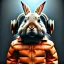 Placeholder: Rabbit toddler, smile, steampunk headphone, sunglass, gangsta neckless, full body, orange puffer jacket, tokio background, dramatic lighting, hyper realistic, unreal engine 5, 16k