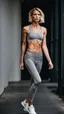 Placeholder: photography of a beautiful anorexic woman, grey satin sports bra, sports illustrated, blond short wavy bob haircut, pronounced sternum, grey running leggins