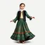Placeholder: full body 7years old girl ,simple background, full body of very pretty little girl in azeri dance wearing A underdress or shirt, often made of silk,A fitted, often velvet or brocade, jacket worn over the shirt.Wide, bell-shaped skirts are worn, often long and layered to create beautiful movements while dancing, with a long lace scarf at back of her head ,with pretty shoes,in T pose looking at camera.