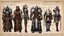 Placeholder: timeline illustration of gauntlets concept sheet with AD&D statistics and characteristics. left to right: leather, padded, plate, tech, spiked