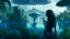 Placeholder: Detailed matte painting of a wide-angle shot of a woman, standing on the left side of the shot, with dark hair in a silver robotic catsuit, many large floating jellyfish with octopus tentacles, alien jungle trees in the distance, with an alien beach and lake