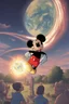 Placeholder: Mickey Mouse with a Supernova above the hand of an Earth person in a developed public park